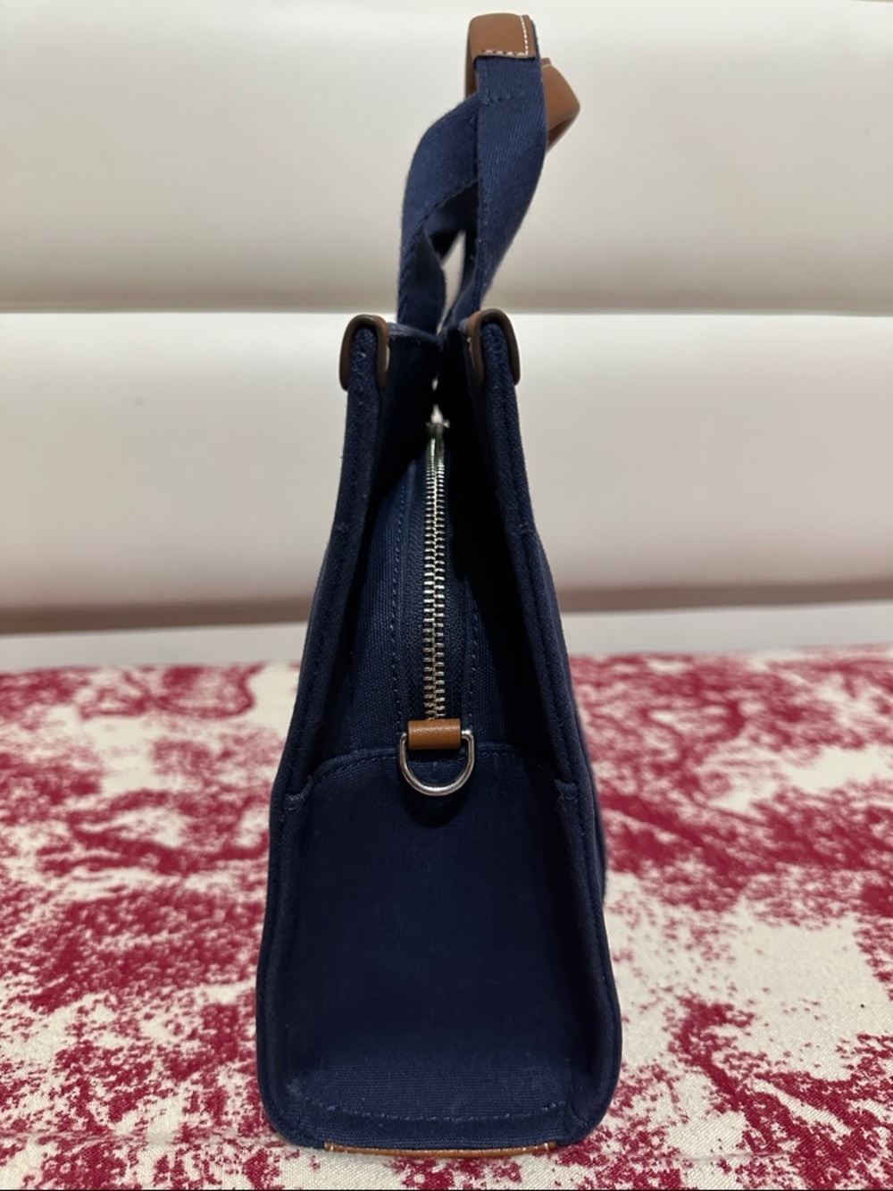 Tory Burch Navy Canvas 2-Way Bag with Tan Leather Trim - Picture 6 of 16